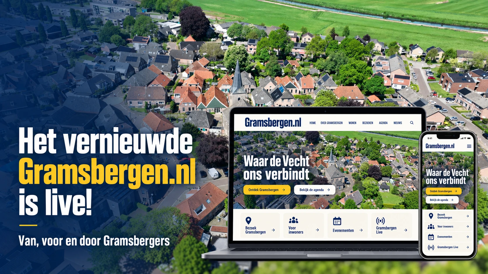 De vernieuwde website Gramsbergen.nl op een laptop en telefoon, met een luchtfoto van Gramsbergen als achtergrond