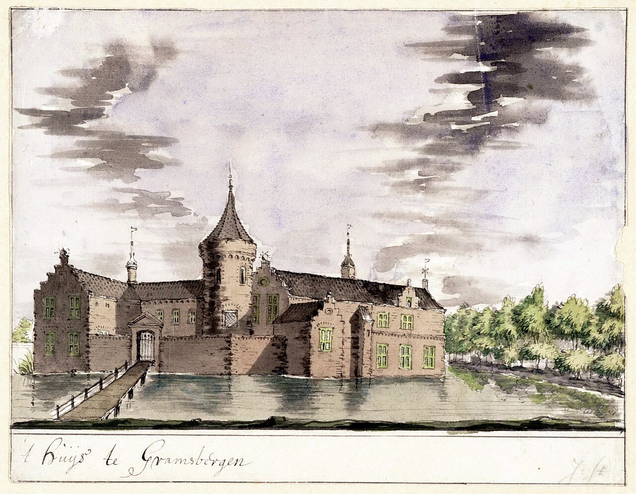 Huis Gramsbergen, circa 1725. Tekening toegeschreven aan Jacobus Stellingwerff.